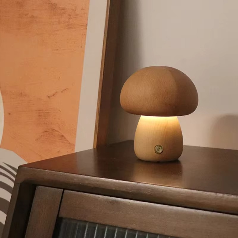 Lampe de Chevet Champignon Bois - LED Tactile 3 Niveaux, Design Minimaliste & Lumière Apaisante