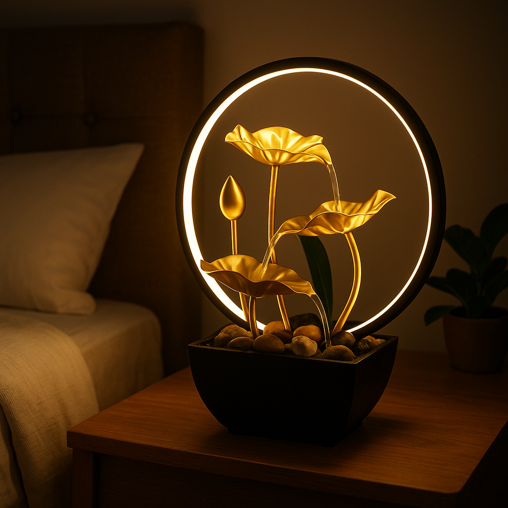 Lampe de Chevet Fontaine LED USB – Cascade Zen avec Rochers Naturels et Anneau Lumineux, Ambiance Relaxante pour Maison ou Bureau