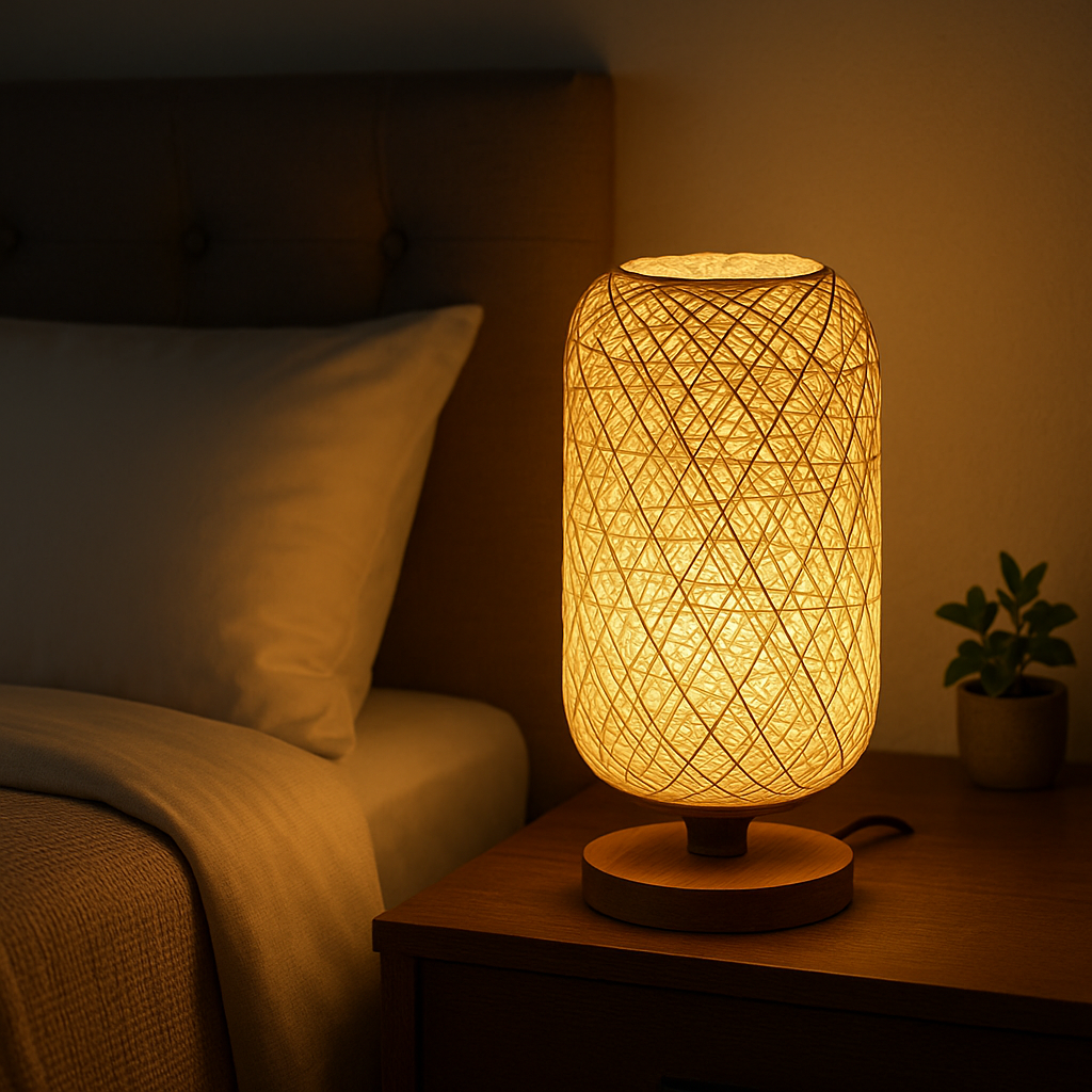 Lampe de Chevet Rotin et Bois – Design Tressé à Main, Lumière LED Chaude, Ambiance Naturelle et Apaisante