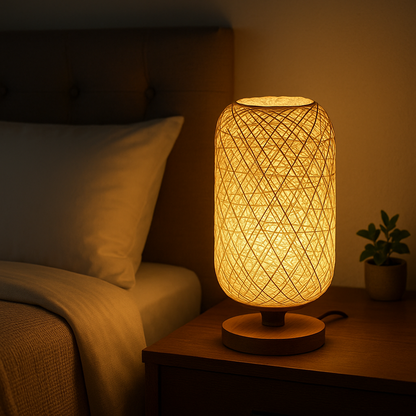 Lampe de Chevet Rotin et Bois – Design Tressé à Main, Lumière LED Chaude, Ambiance Naturelle et Apaisante