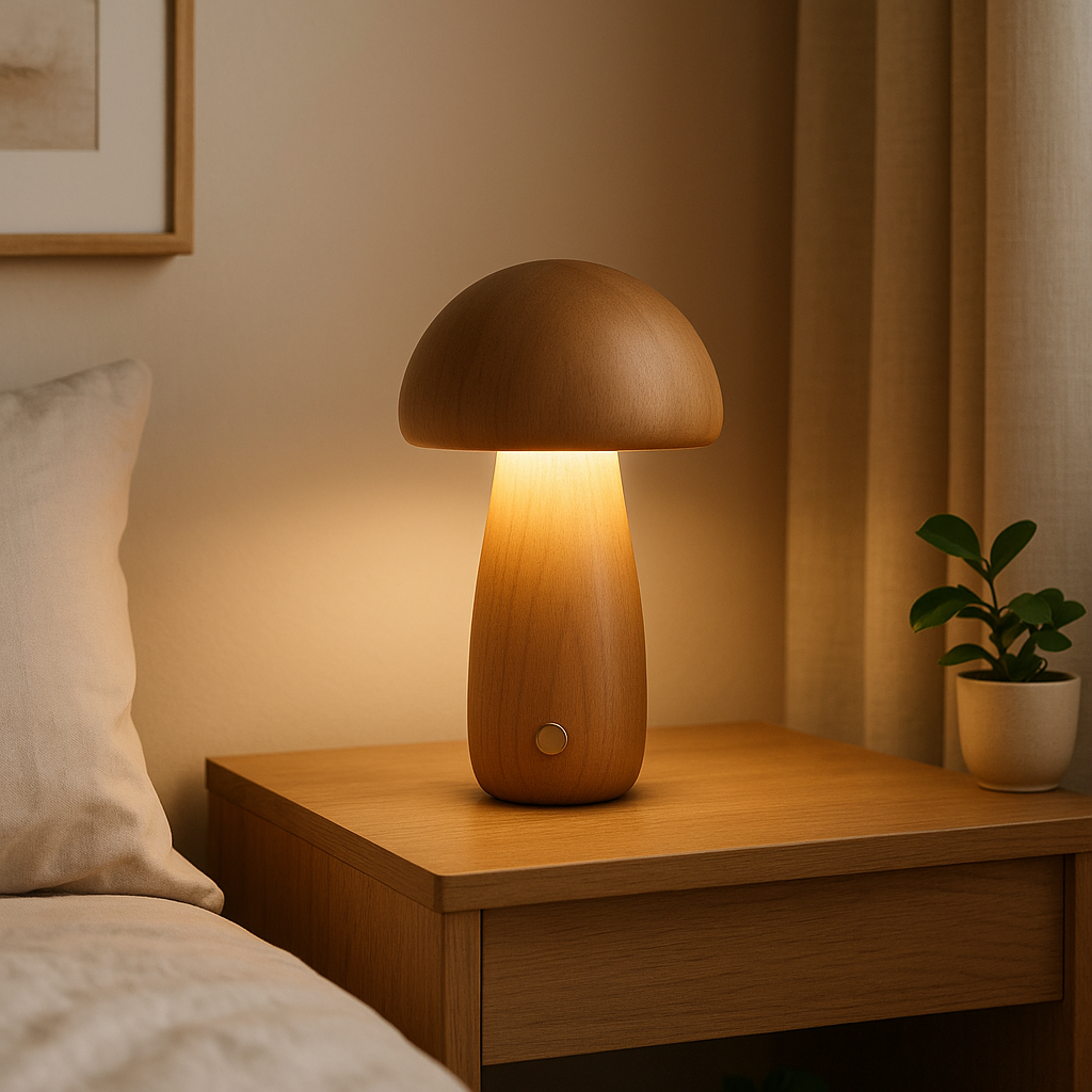Lampe de Chevet Champignon Bois — LED Tactile 3 Niveaux, Design Minimaliste & Lumière Apaisante