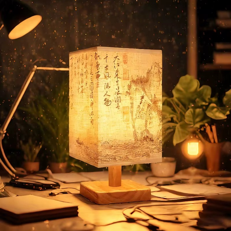 Lampe de Chevet Bois & Lin - Design Chinois Élégant & Lumière Chaude Relaxante