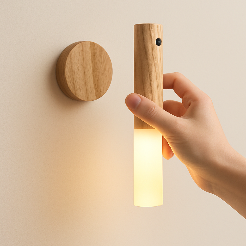 Lampe de Chevet LED Rechargeable USB-C avec Détecteur de Mouvement – Design Bois Minimaliste, Éclairage Doux et Pratique