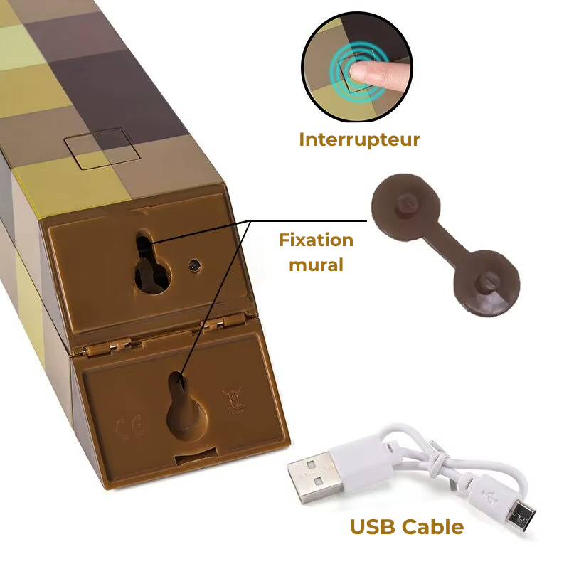 Lampe de Chevet Torche LED Rechargeable Enfant - Design Pixel Fun, USB & Couleurs Changeantes pour Déco Ludique