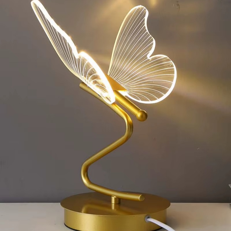Lampe de Chevet Papillon LED – Design Nordique Doré, 3 Couleurs de Lumière USB, Éclairage Élégant et Apaisant