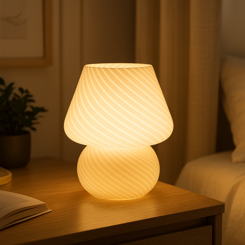 Lampe de Chevet Champignon en Verre Strié – LED USB, Design Murano Élégant pour Ambiance Douce et Cosy