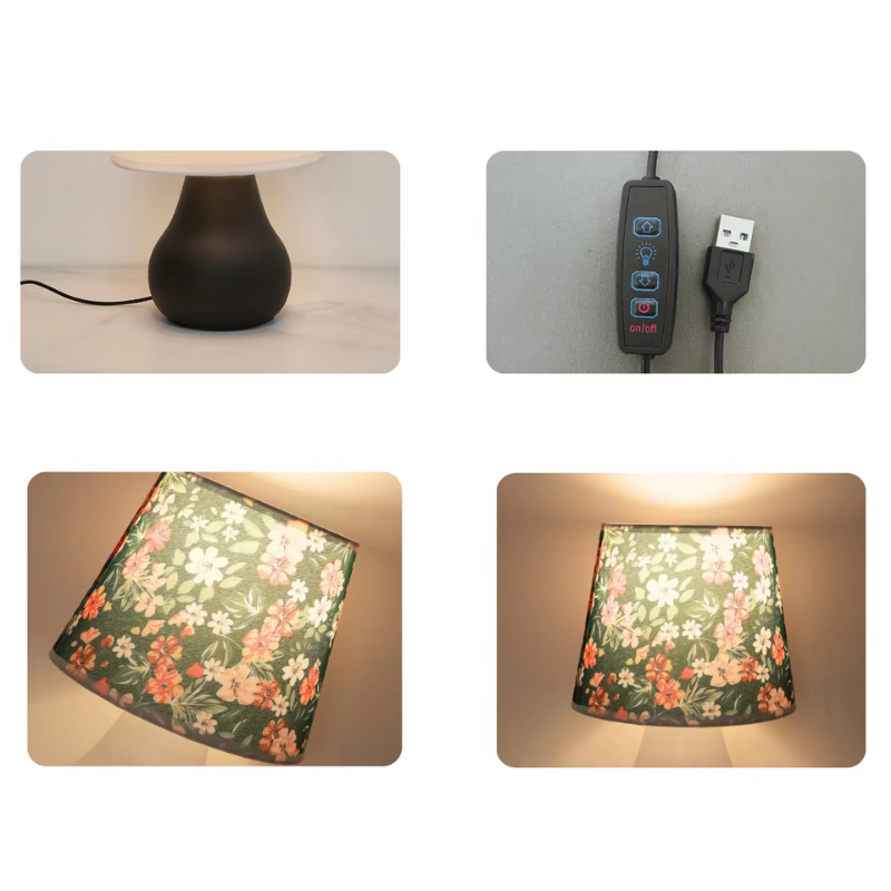 Lampe de Chevet USB Tissu Fleuri – Abat-Jour Design Minimaliste, Lumière Chaude Apaisante pour Chambre ou Salon