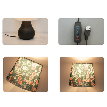 Lampe de Chevet USB Tissu Fleuri – Abat-Jour Design Minimaliste, Lumière Chaude Apaisante pour Chambre ou Salon
