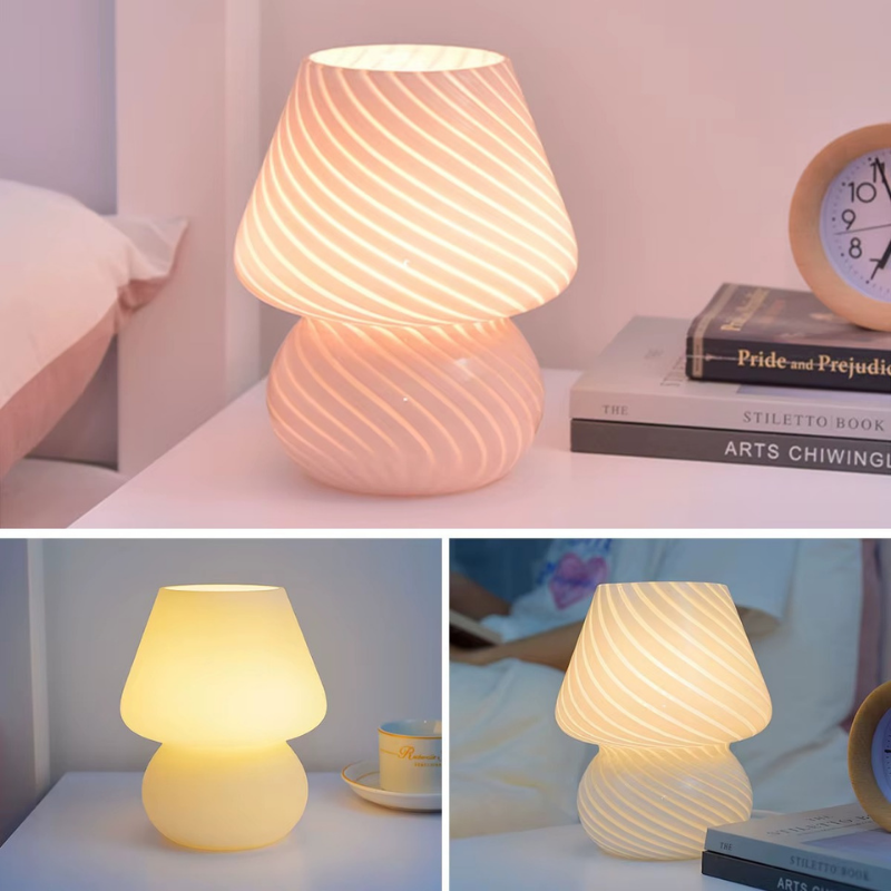 Lampe de Chevet Champignon en Verre Strié – LED USB, Design Murano Élégant pour Ambiance Douce et Cosy