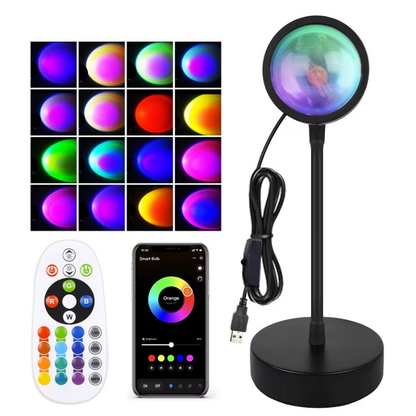 Lampe de Chevet LED Sunset Intelligente – Projection RGB 360°, Contrôle App & Télécommande pour Ambiance Colorée et Photos Créatives