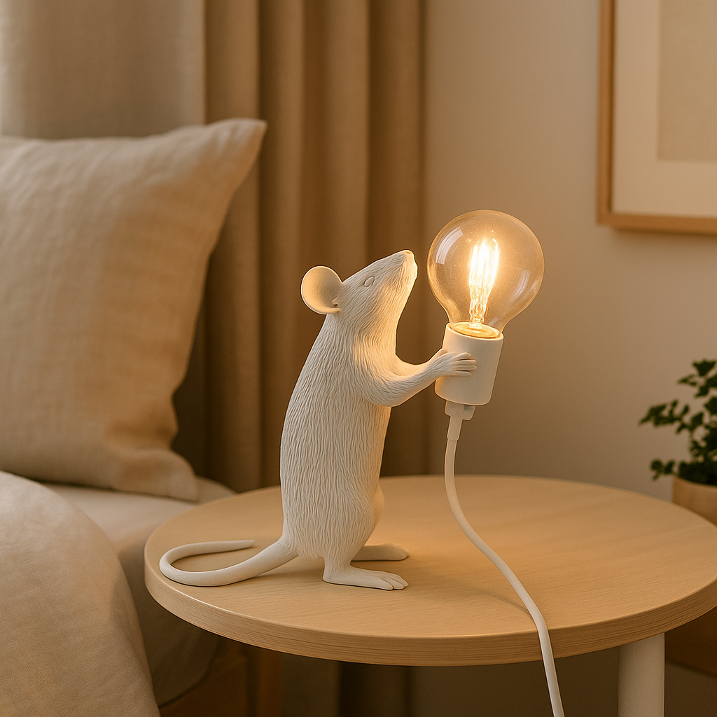 Lampe de Chevet LED Animale en Résine – Design Original Souris Tenant une Ampoule, Lumière Décorative et Moderne