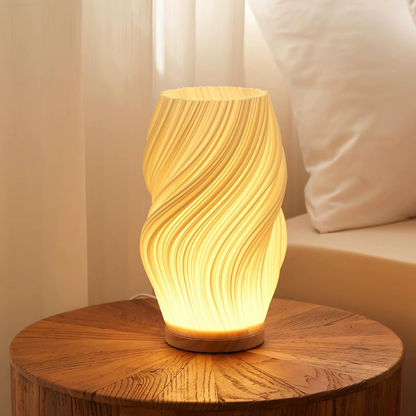 Lampe de Chevet LED Plissée 3D à Intensité Réglable – Design Moderne, Base en Bois et Lumière Douce Apaisante