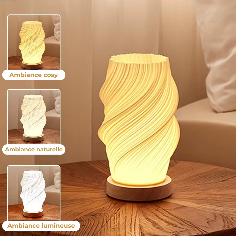 Lampe de Chevet LED Plissée 3D à Intensité Réglable – Design Moderne, Base en Bois et Lumière Douce Apaisante