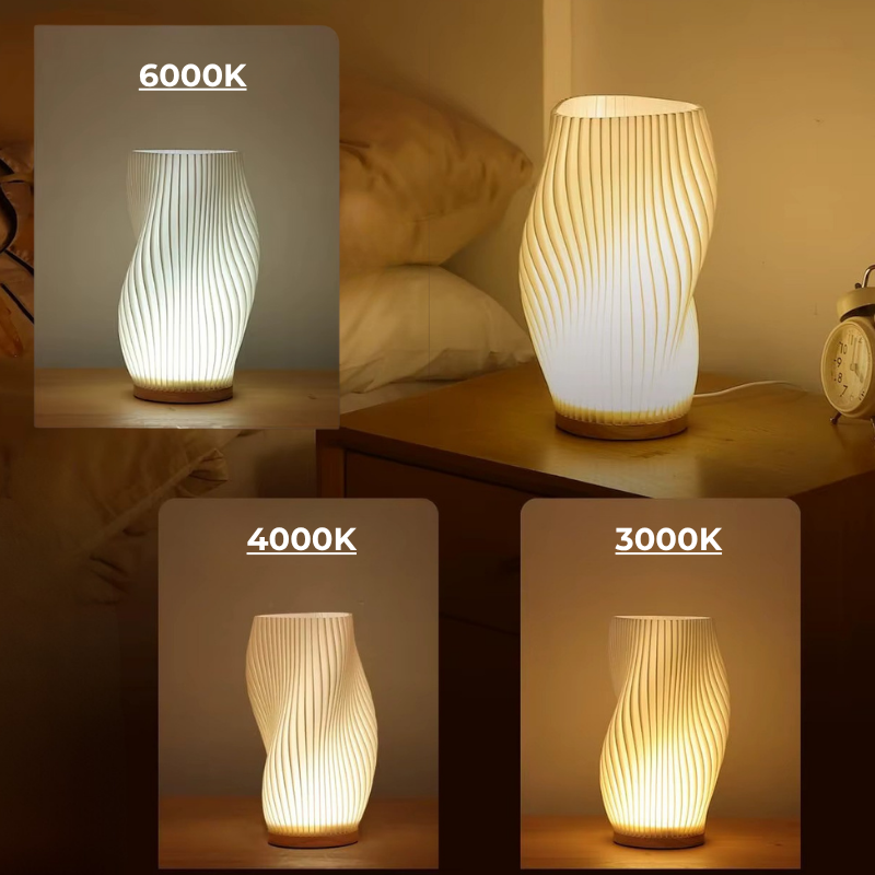 Lampe de Chevet LED Plissée 3D à Intensité Réglable – Design Moderne, Base en Bois et Lumière Douce Apaisante