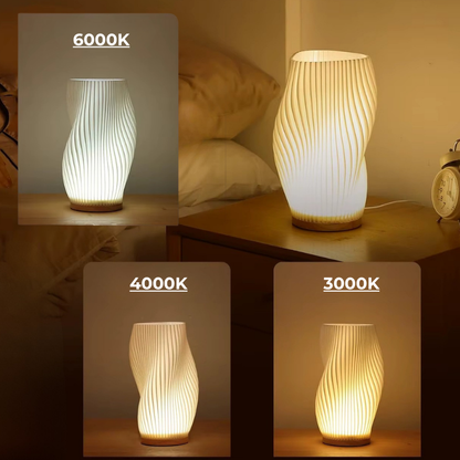 Lampe de Chevet LED Plissée 3D à Intensité Réglable – Design Moderne, Base en Bois et Lumière Douce Apaisante