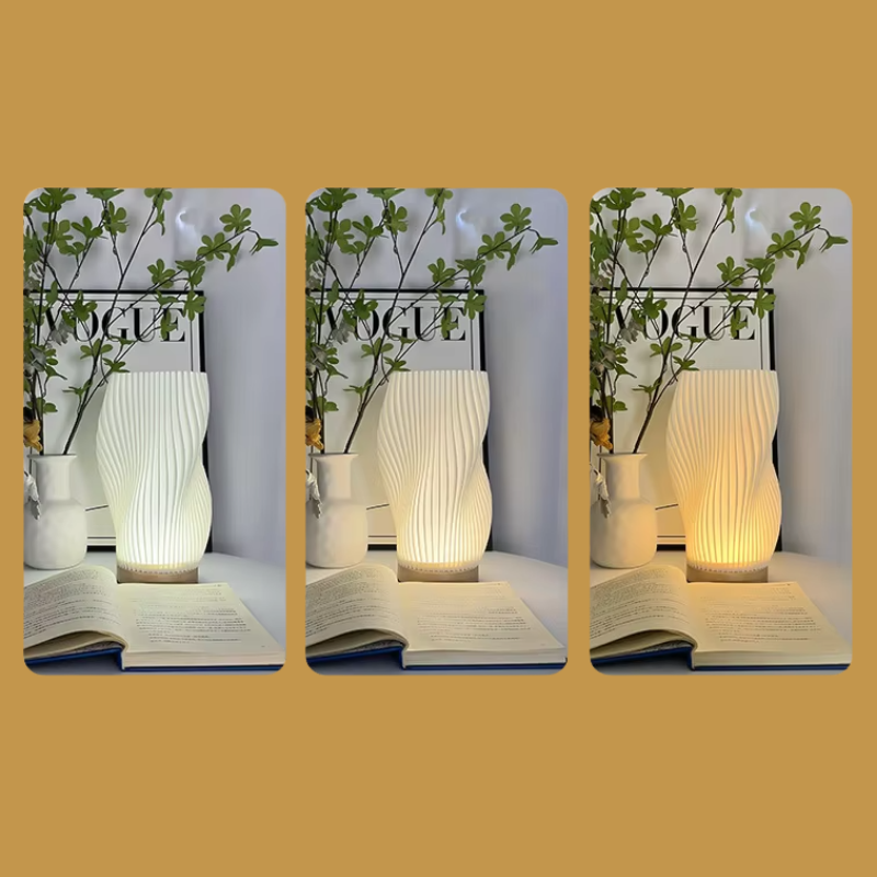 Lampe de Chevet LED Plissée 3D à Intensité Réglable – Design Moderne, Base en Bois et Lumière Douce Apaisante