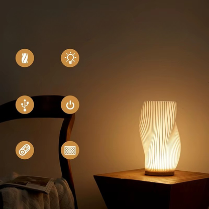 Lampe de Chevet LED Plissée 3D à Intensité Réglable – Design Moderne, Base en Bois et Lumière Douce Apaisante