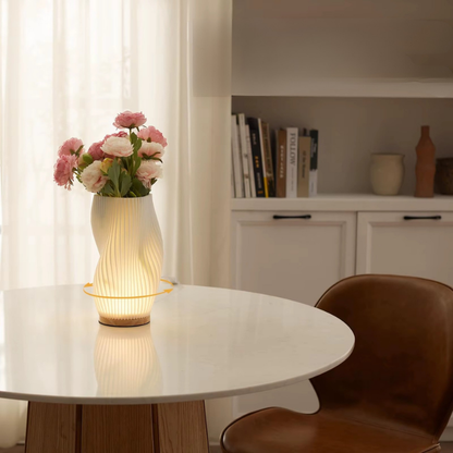 Lampe de Chevet LED Plissée 3D à Intensité Réglable – Design Moderne, Base en Bois et Lumière Douce Apaisante