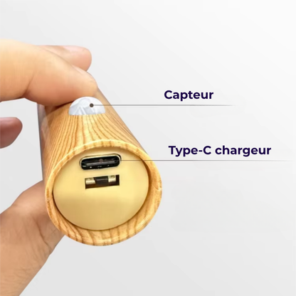 Lampe de Chevet Murale LED Rechargeable USB-C avec Détecteur de Mouvement – Design Bois Nordique, Éclairage Doux et Pratique