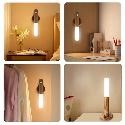 Lampe de Chevet Murale LED Rechargeable USB-C avec Détecteur de Mouvement – Design Bois Nordique, Éclairage Doux et Pratique