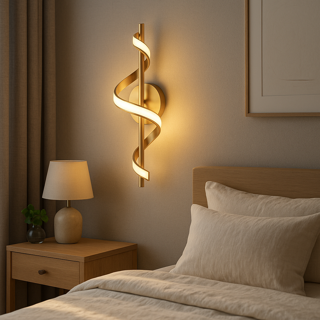 Lampe de Chevet Murale LED Spirale – Design Nordique Minimaliste, Métal Noir ou Doré, Lumière Apaisante Moderne