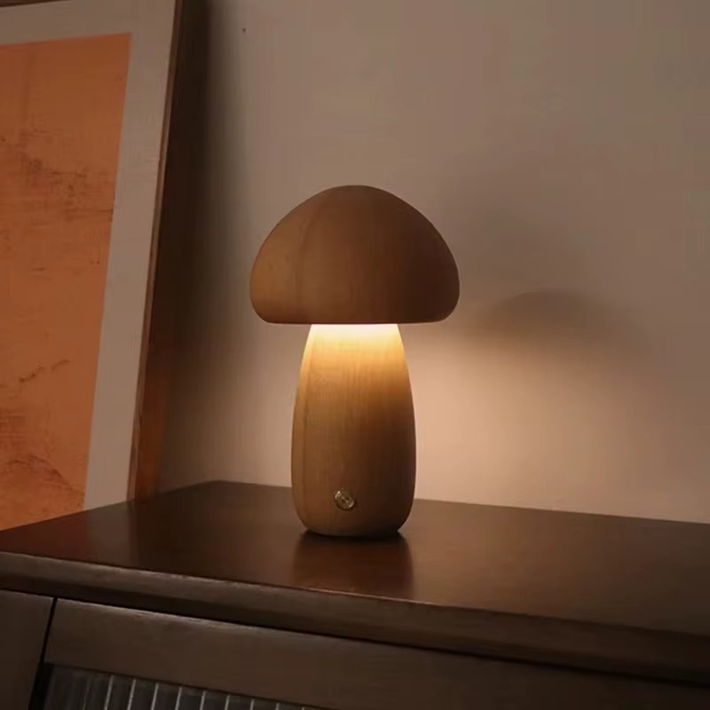 Lampe de Chevet Champignon Bois - LED Tactile 3 Niveaux, Design Minimaliste & Lumière Apaisante