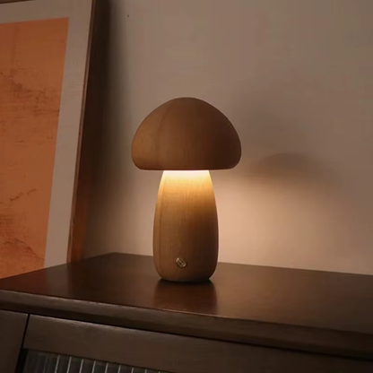 Lampe de Chevet Champignon Bois - LED Tactile 3 Niveaux, Design Minimaliste & Lumière Apaisante