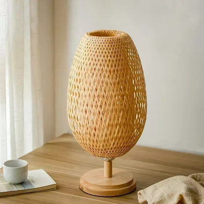 Lampe de Chevet Japonaise en Bois et Bambou Tressé – Design Zen, Lumière Chaleureuse et Ambiance Apaisante