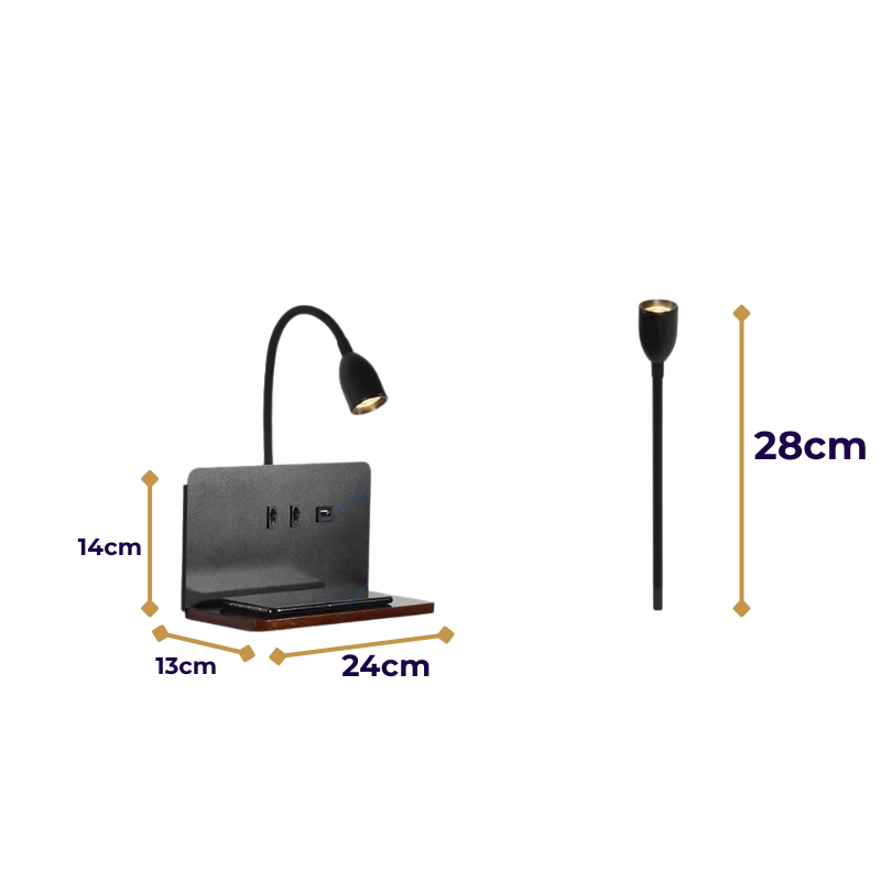 Lampe de Chevet Murale LED 360° Rotative – Support Téléphone, USB et Charge Sans Fil, Parfait pour la lecture