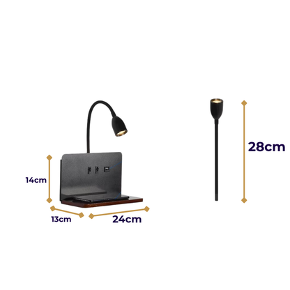 Lampe de Chevet Murale LED 360° Rotative – Support Téléphone, USB et Charge Sans Fil, Parfait pour la lecture