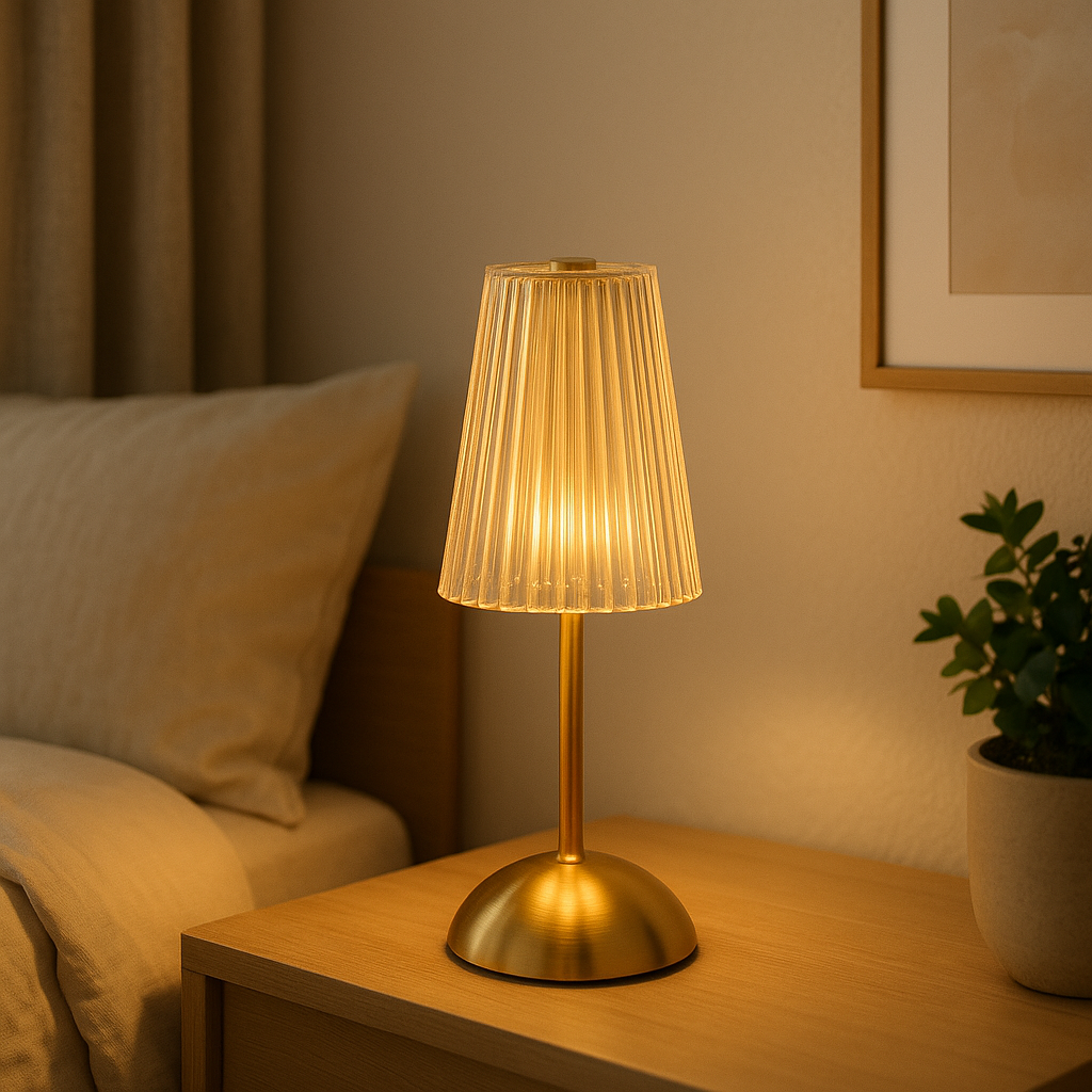 Lampe de Chevet Cristal Doré Rechargeable — Tactile LED Dimmable & Éclairage Chaud Élégant