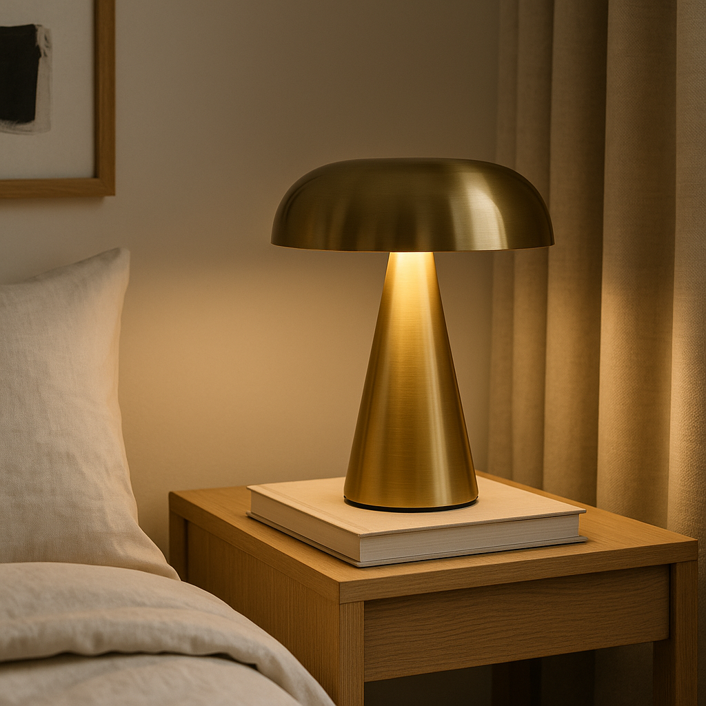 Lampe de Chevet Champignon Rétro — LED Tactile Rechargeable, Métal Doré Élégant & Lumière Réglable