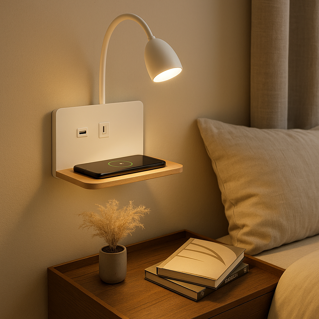 Lampe de Chevet Murale LED 360° Rotative – Support Téléphone, USB et Charge Sans Fil, Design Moderne Pratique