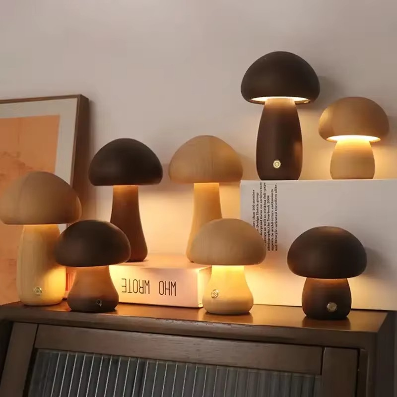 Lampe de Chevet Champignon Bois - LED Tactile 3 Niveaux, Design Minimaliste & Lumière Apaisante