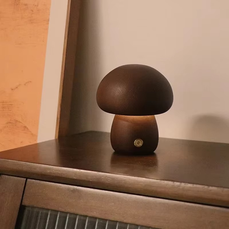 Lampe de Chevet Champignon Bois - LED Tactile 3 Niveaux, Design Minimaliste & Lumière Apaisante