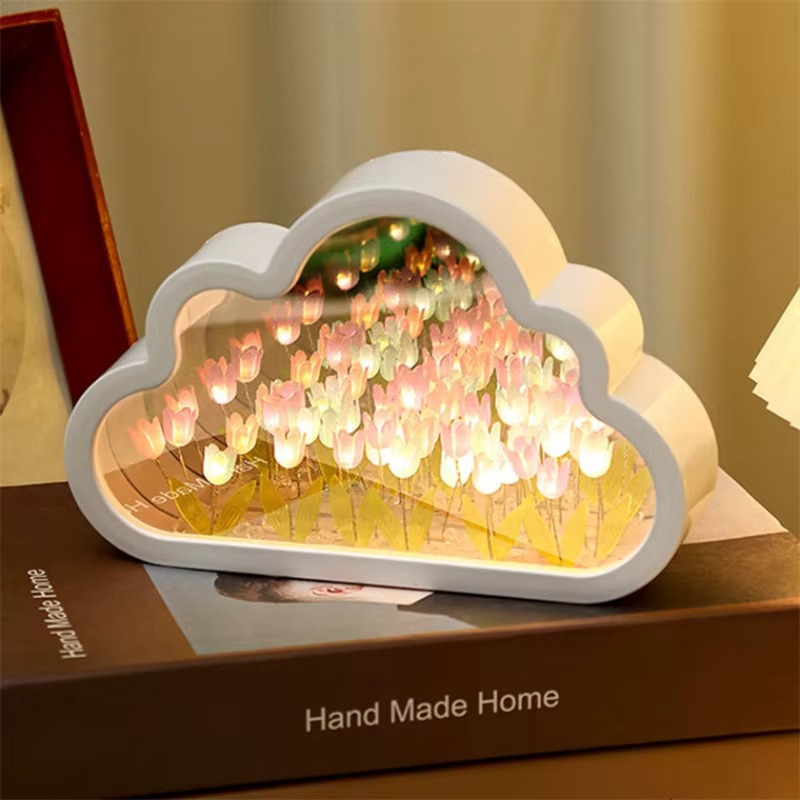 Lampe de Chevet Nuage Tulipes LED – Design Miroir DIY, Lumière Douce et Poétique pour Ambiance Cosy Enfant