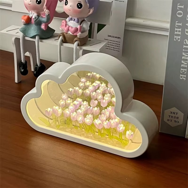 Lampe de Chevet Nuage Tulipes LED – Design Miroir DIY, Lumière Douce et Poétique pour Ambiance Cosy Enfant