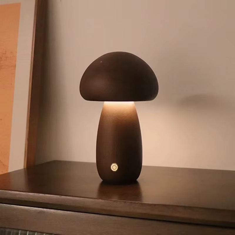Lampe de Chevet Champignon Bois - LED Tactile 3 Niveaux, Design Minimaliste & Lumière Apaisante