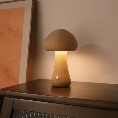 Lampe de Chevet Champignon Bois - LED Tactile 3 Niveaux, Design Minimaliste & Lumière Apaisante
