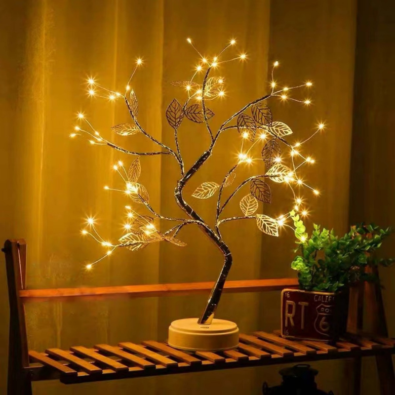 Lampe de Chevet LED Arbre Doré 72 LED – Feuilles d’Or Tactiles, USB, Ambiance Féérique et Déco Élégante