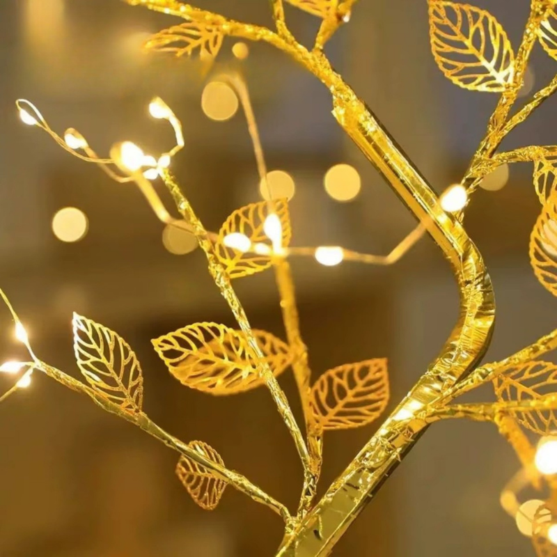 Lampe de Chevet LED Arbre Doré 72 LED – Feuilles d’Or Tactiles, USB, Ambiance Féérique et Déco Élégante