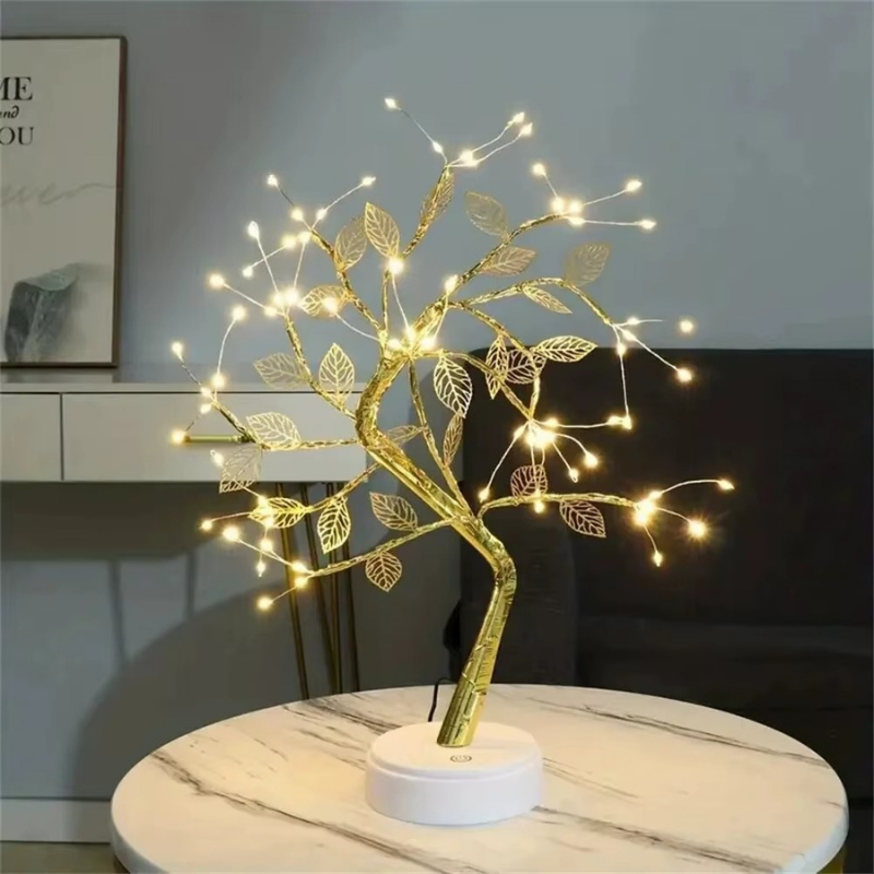 Lampe de Chevet LED Arbre Doré 72 LED – Feuilles d’Or Tactiles, USB, Ambiance Féérique et Déco Élégante