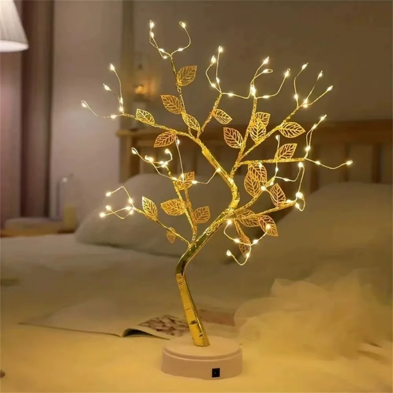 Lampe de Chevet LED Arbre Doré 72 LED – Feuilles d’Or Tactiles, USB, Ambiance Féérique et Déco Élégante