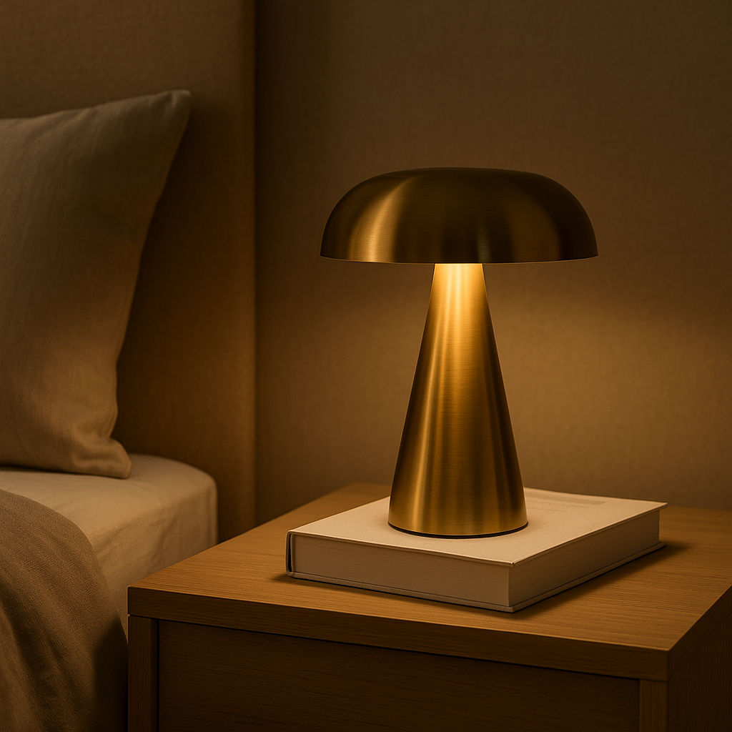 Lampe de Chevet Champignon Rétro — LED Tactile Rechargeable, Métal Doré Élégant & Lumière Réglable