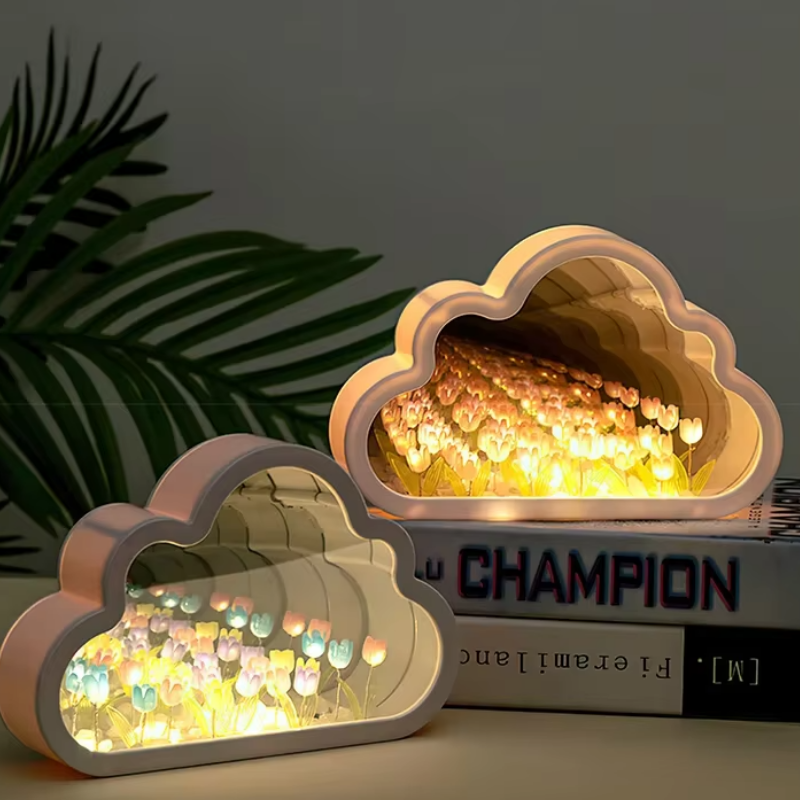 Lampe de Chevet Nuage Tulipes LED – Design Miroir DIY, Lumière Douce et Poétique pour Ambiance Cosy Enfant