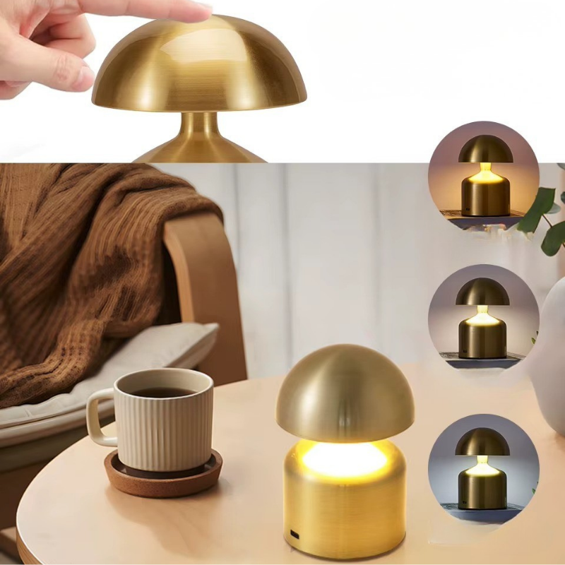 Lampe de Chevet LED Tactile Rechargeable – 3 Couleurs Ajustables, Design Champignon en Métal, Sans Fil Élégant et Cosy