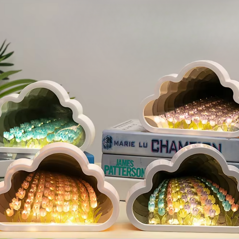 Lampe de Chevet Nuage Tulipes LED – Design Miroir DIY, Lumière Douce et Poétique pour Ambiance Cosy Enfant