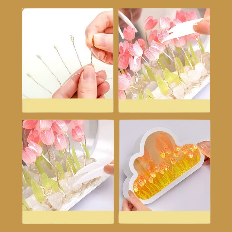 Lampe de Chevet Nuage Tulipes LED – Design Miroir DIY, Lumière Douce et Poétique pour Ambiance Cosy Enfant