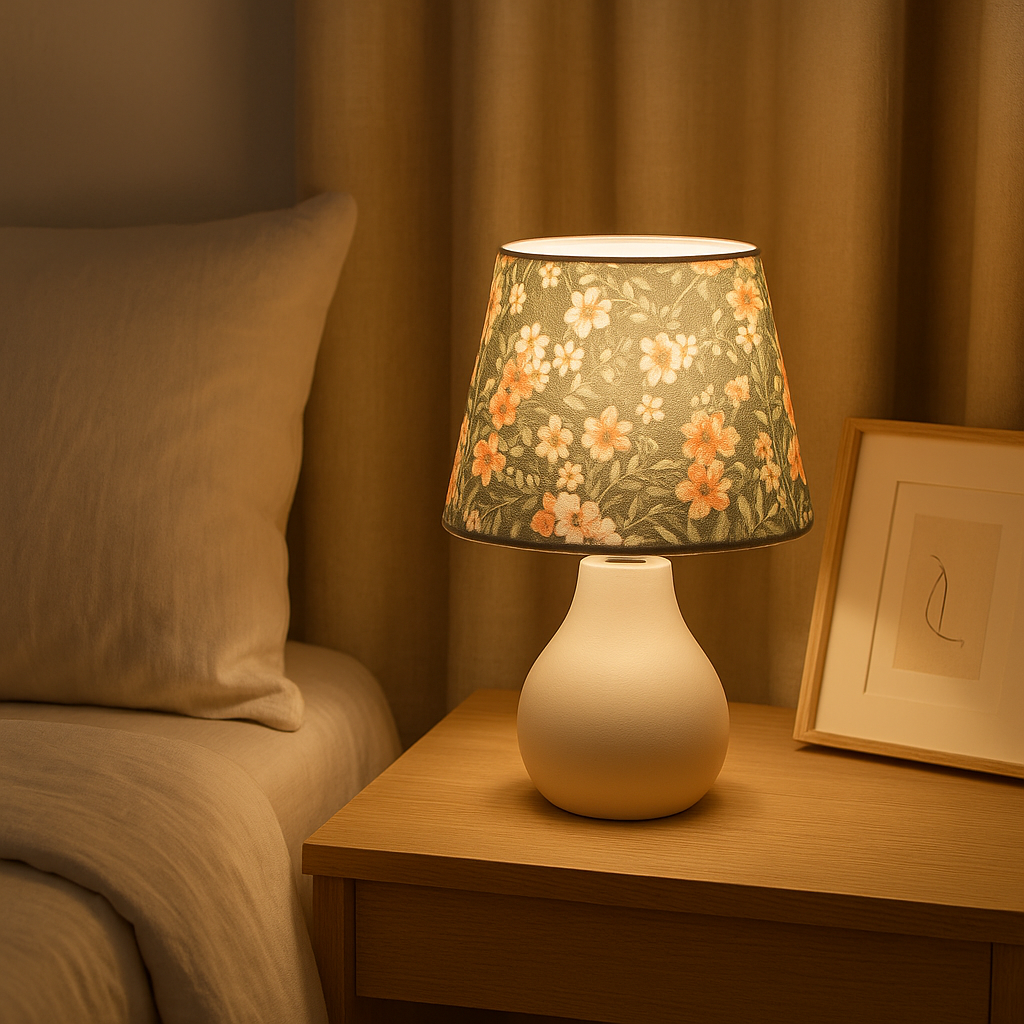 Lampe de Chevet USB Tissu Fleuri – Design Minimaliste, Lumière Chaude Apaisante pour Chambre ou Salon