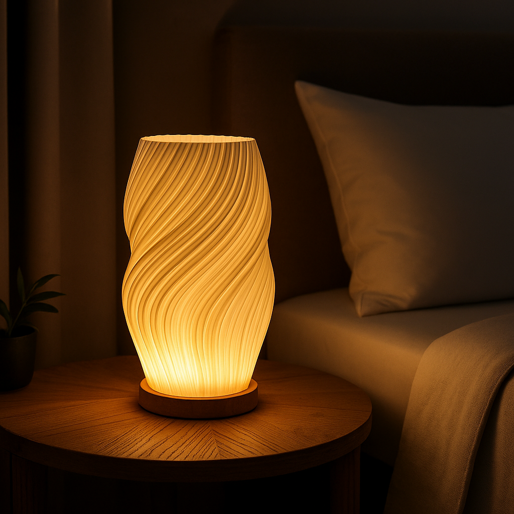 Lampe de Chevet LED Plissée 3D à Intensité Réglable – Design Moderne, Base en Bois et Lumière Douce Apaisante